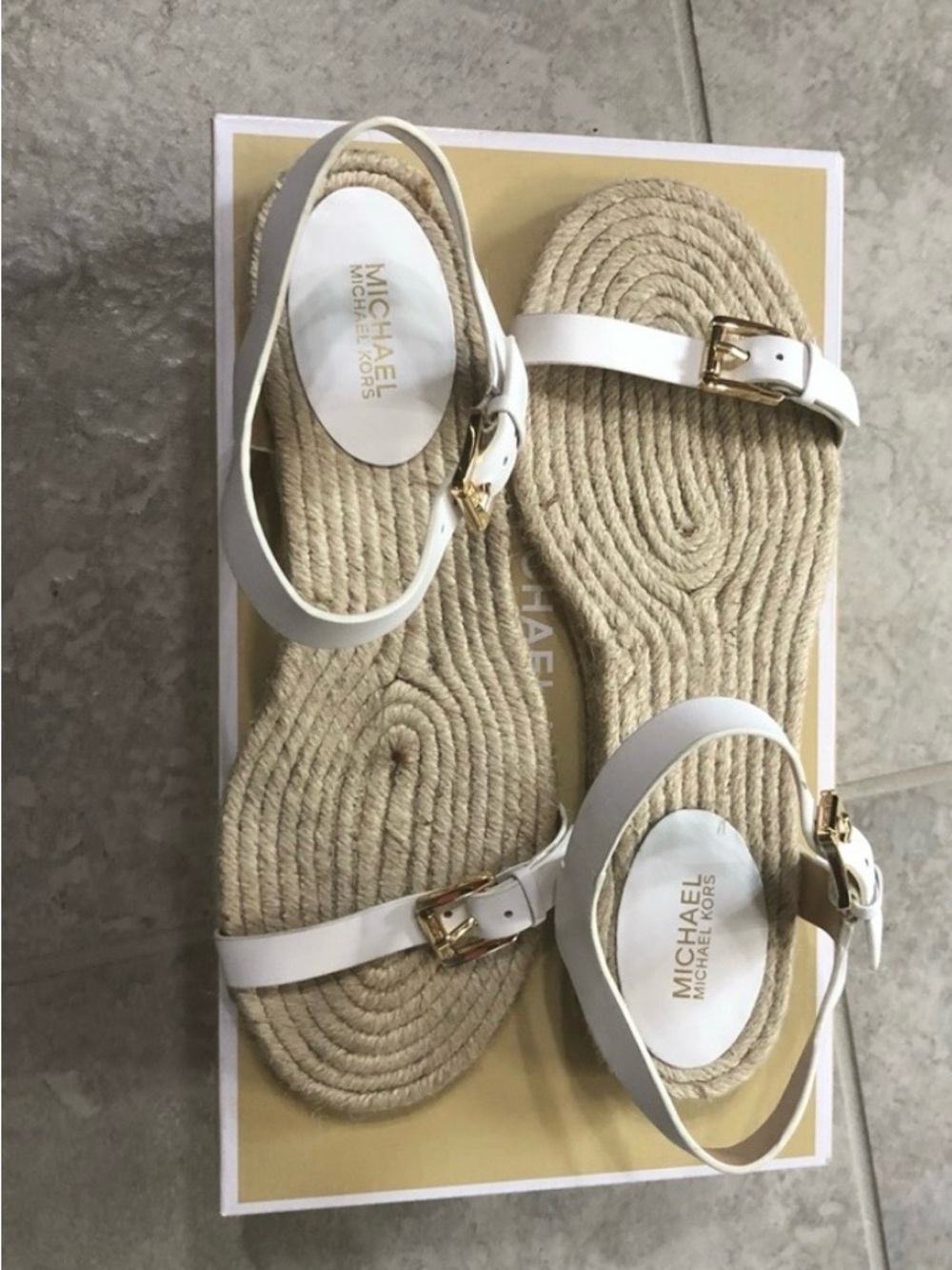 Women’s Michael Kors Kyla Leather White Espadrille Sandals with Gold Buckle